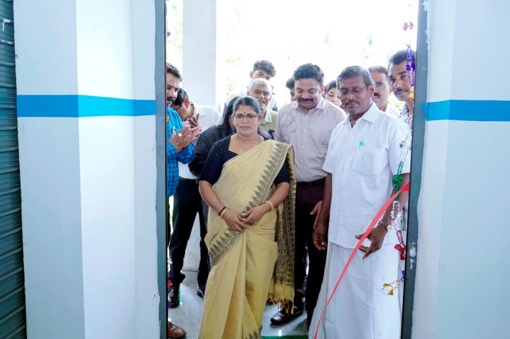 Dignitaries and Kshemakrishi team members stepping inside the newly inaugurated Palakkad branch immediately after the official ribbon-cutting ceremony.
